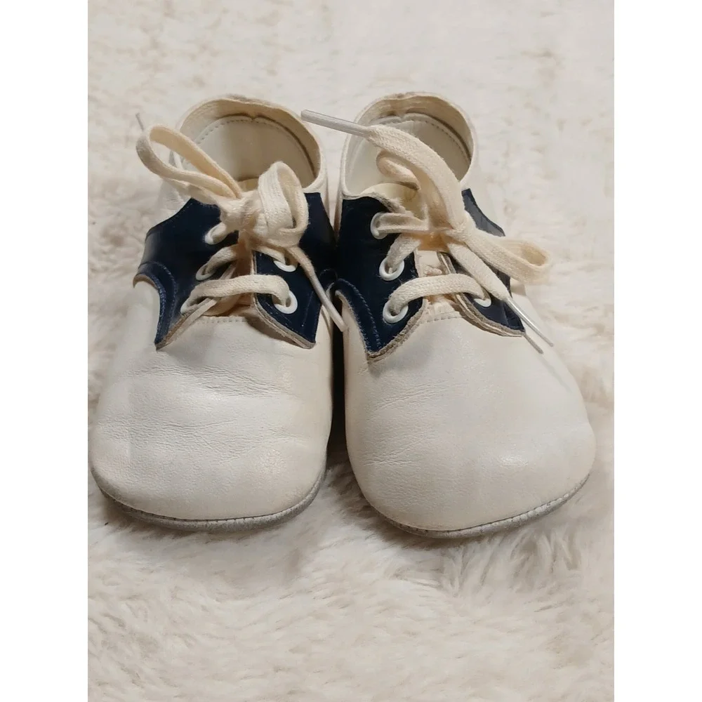 Vtg‎ Mrs. Day's Ideal Baby Shoe White & Navy Soft Leather Shoes Infant  Wearable